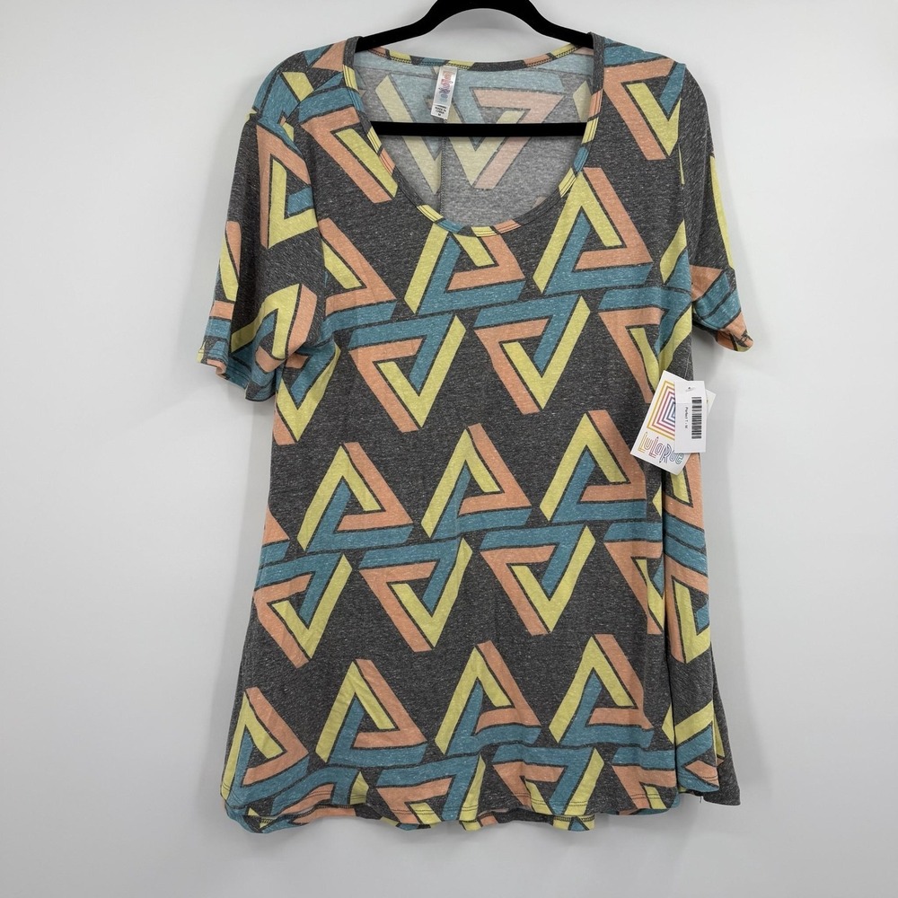 LuLaRoe Tunic Womens Medium Gray Geometric Round Neck Short Sleeve Jersey Casual